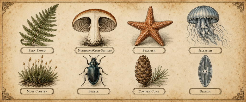 Illustrated specimen plate representing diversity of living organisms NEET classification chapters