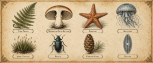 Illustrated specimen plate representing diversity of living organisms NEET classification chapters