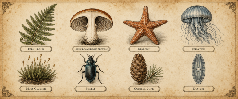 Illustrated specimen plate representing diversity of living organisms NEET classification chapters