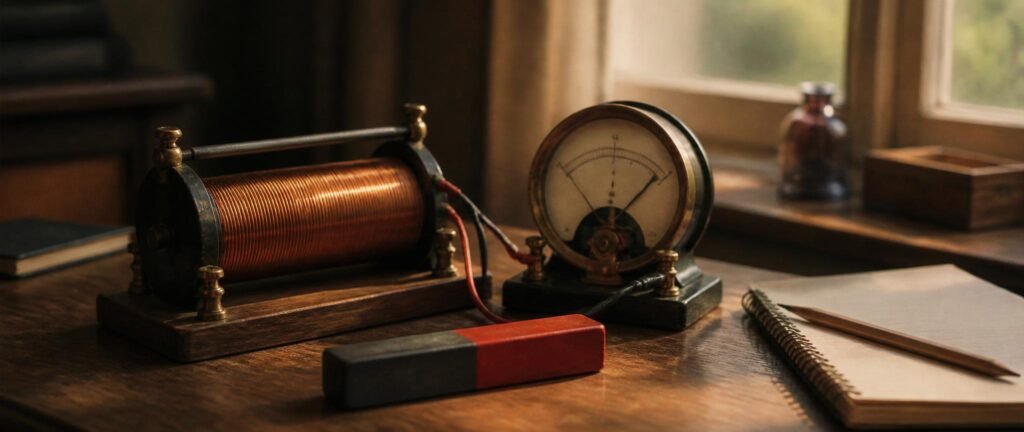 Copper coil, magnet and galvanometer representing electromagnetic induction for NEET 2027
