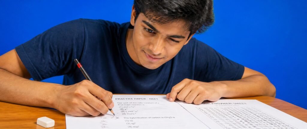 Student using an elimination strategy for NEET 2027 to cross out wrong MCQ options