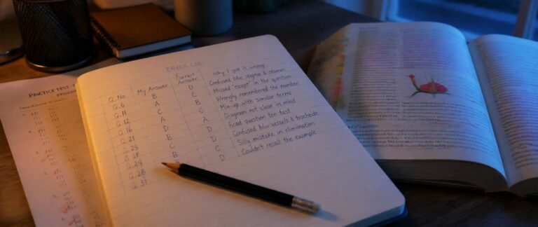 Student reviewing an error log while working to score 360 in biology NEET 2027