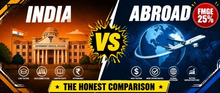 MBBS abroad vs India NEET 2026 comparison showing costs, FMGE pass rate and career outcomes