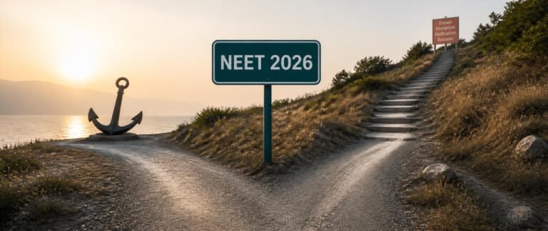 Flat illustration of a decision fork representing NEET 2026 freezing vs floating options