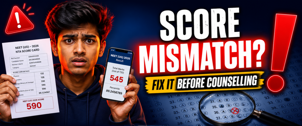 Student checking NEET 2026 result score mismatch between scorecard and OMR calculation
