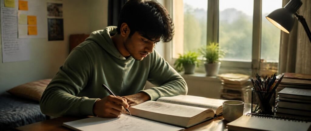 A focused NEET aspirant studying calmly, representing steady NEET 2027 preparation after Pradhan resignation