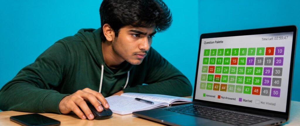 NEET 2027 CBT mock test guide showing a color-coded question palette