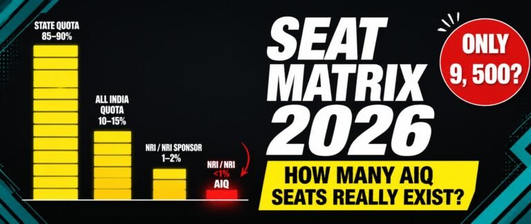 NEET UG 2026 seat matrix infographic showing AIQ seats versus total MBBS seats available