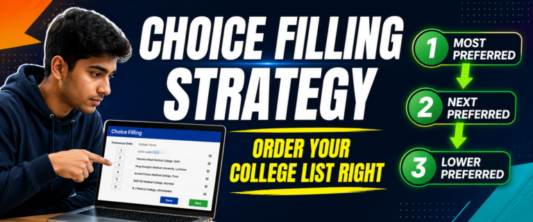 Re-NEET 2026 choice filling strategy guide with bold header and college preference tips