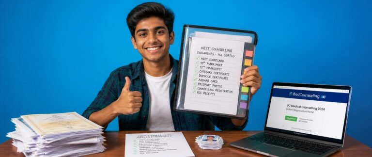 Student with Re-NEET 2026 counselling documents organised in a folder ready for verification