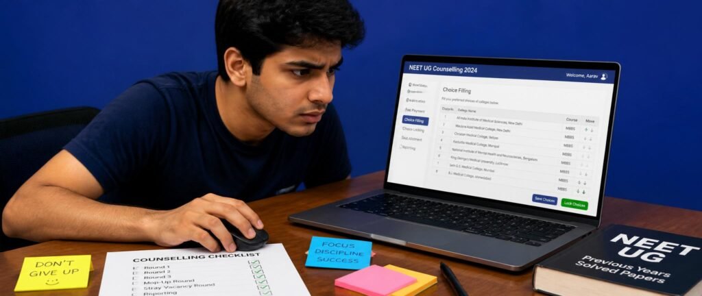 Student navigating the Re-NEET 2026 counselling rounds while filling college choices online