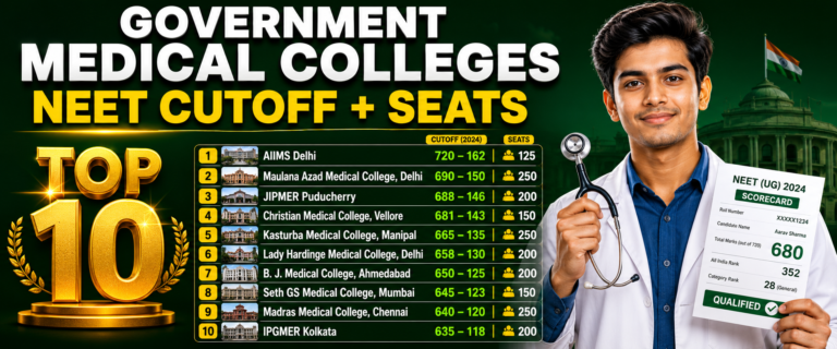 top government medical colleges India NEET student in white coat with stethoscope