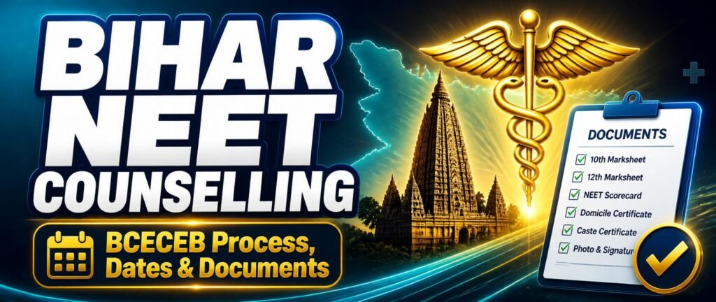 A medical symbol and Bihar landmark motif representing Bihar NEET counselling 2026