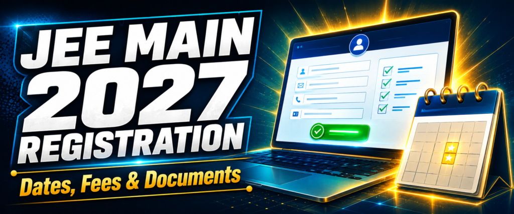 A laptop with an application form and checklist representing JEE Main 2027 registration update