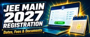 A laptop with an application form and checklist representing JEE Main 2027 registration update