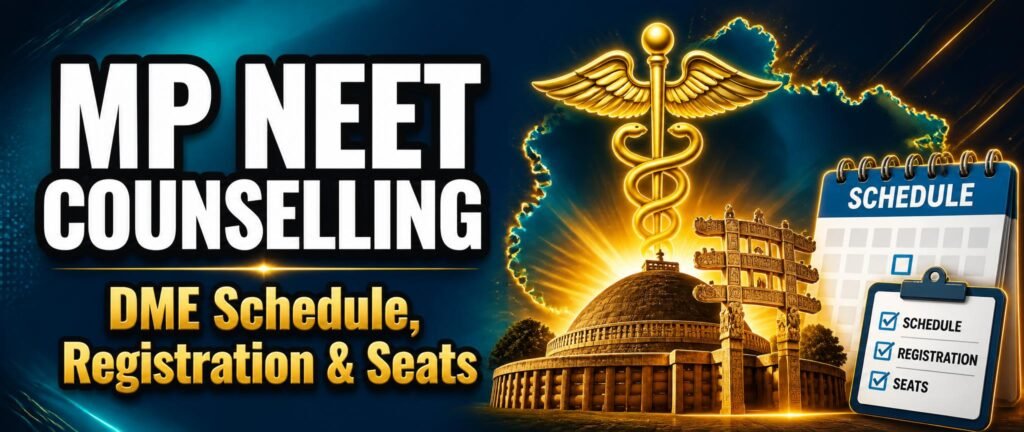 A medical symbol and Madhya Pradesh landmark motif representing Madhya Pradesh NEET counselling 2026