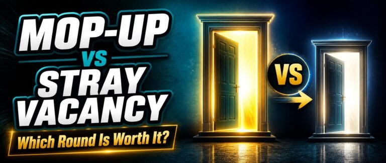 Split-screen of two glowing doorways representing NEET 2026 mop-up vs stray vacancy rounds