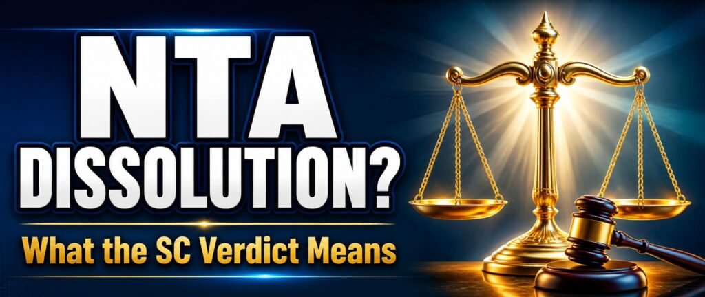 A scale of justice and gavel representing the NTA dissolution Supreme Court verdict for NEET