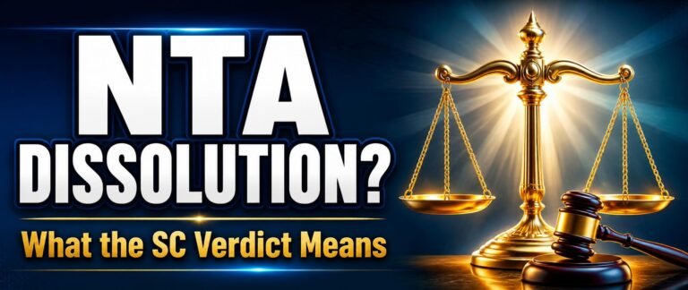 A scale of justice and gavel representing the NTA dissolution Supreme Court verdict for NEET