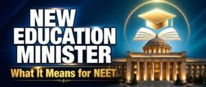 A ministry building and education emblem representing the new education minister NEET aspirants study under