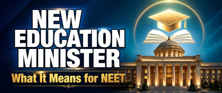 A ministry building and education emblem representing the new education minister NEET aspirants study under