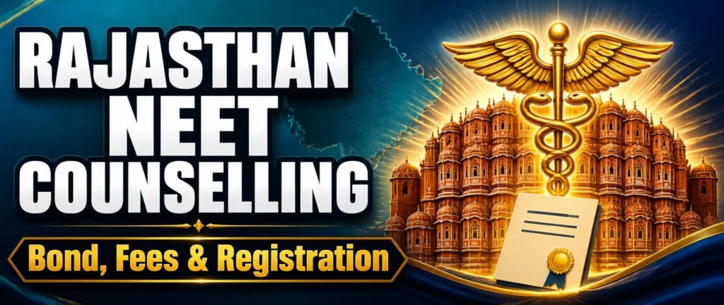 A medical symbol and Rajasthan palace motif representing Rajasthan NEET counselling 2026