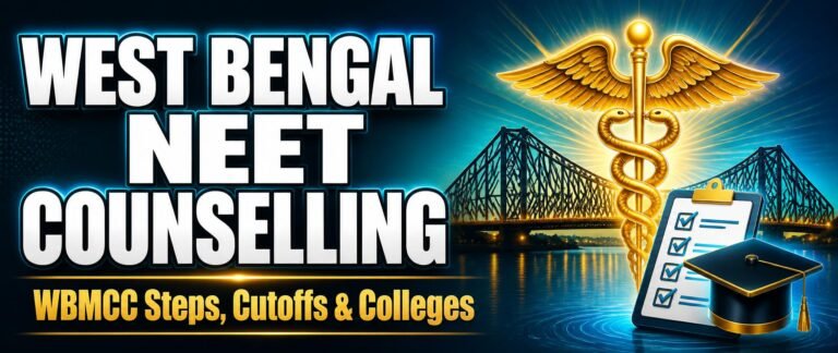 A medical symbol and Howrah Bridge motif representing West Bengal NEET counselling 2026
