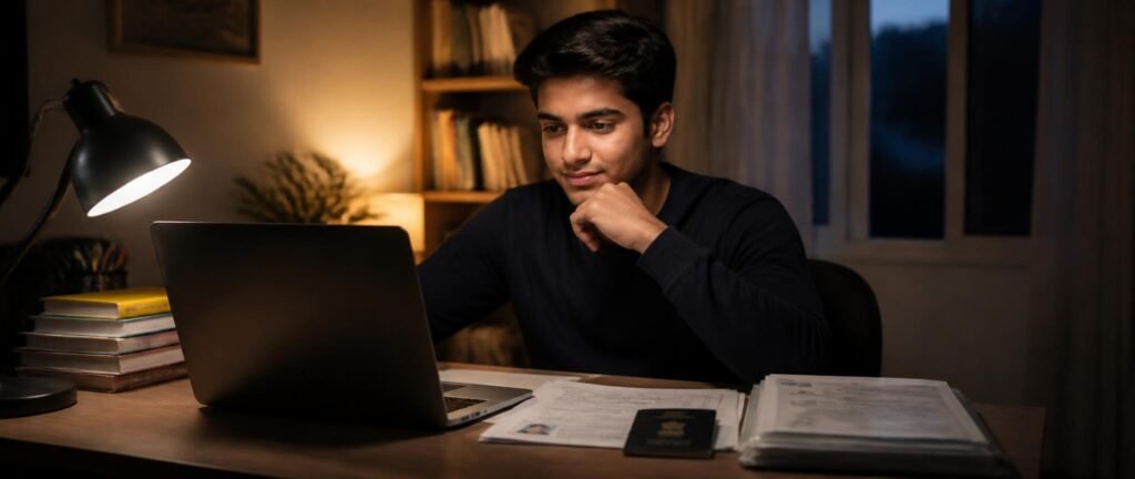 Indian student researching MBBS abroad with low NEET score 2026 options at home with a NEET scorecard on the desk