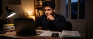 Indian student researching MBBS abroad with low NEET score 2026 options at home with a NEET scorecard on the desk