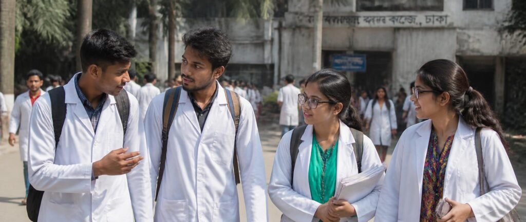 Indian medical students on a college campus in Dhaka, illustrating MBBS in Bangladesh 2026 for Indian students