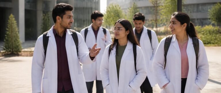 Indian medical students on a university campus in Almaty, illustrating MBBS in Kazakhstan 2026 for Indian students