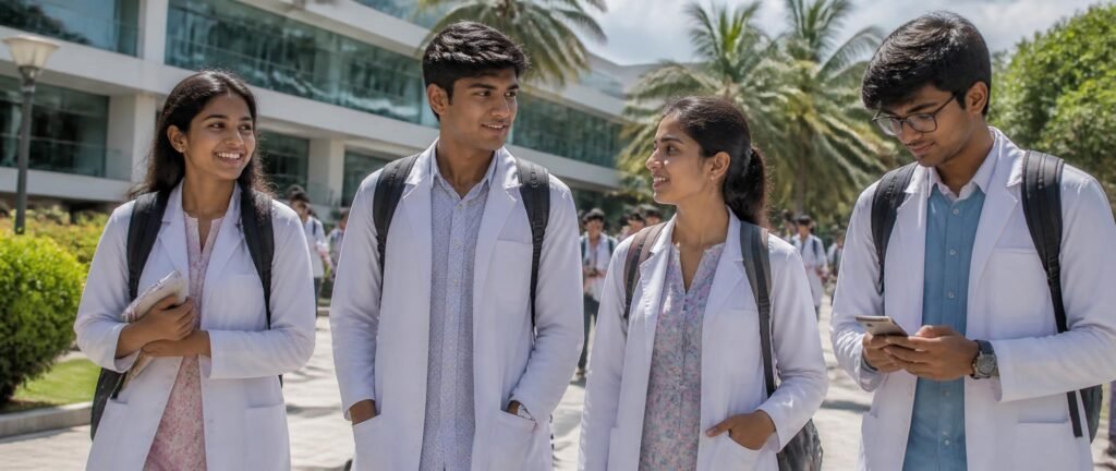 Indian medical students on a tropical university campus in the Philippines, illustrating MBBS in Philippines for Indian students