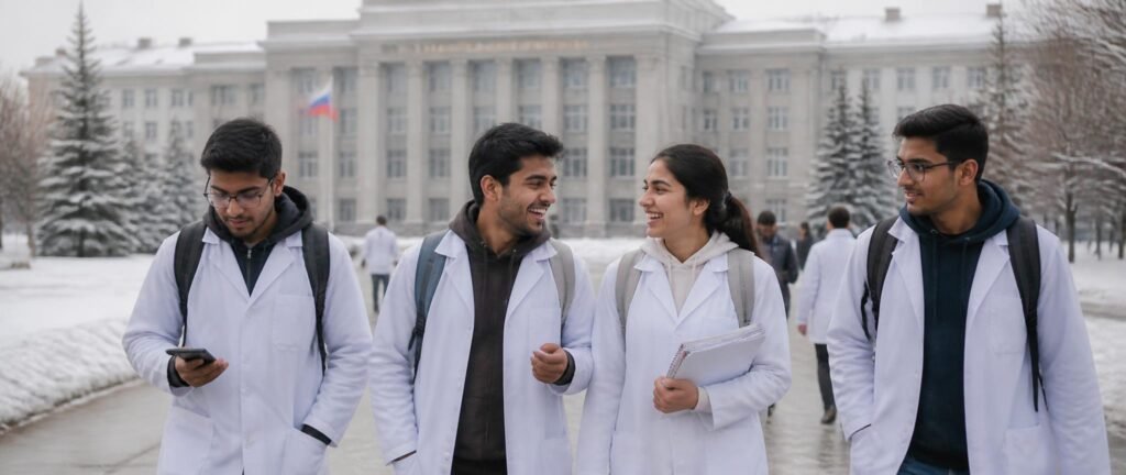 Indian medical students in white coats walking on a Russian medical university campus, illustrating MBBS in Russia for Indian students
