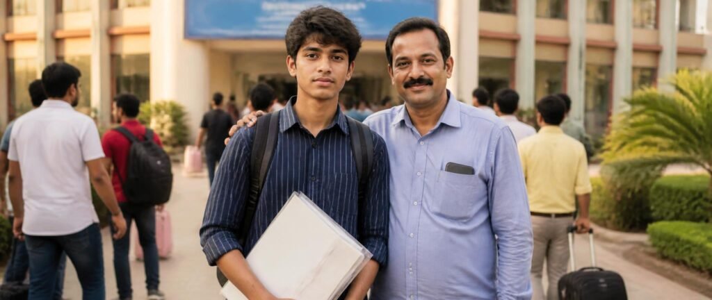 First-year medical student arriving on the NEET 2026 academic session start date with documents on joining day