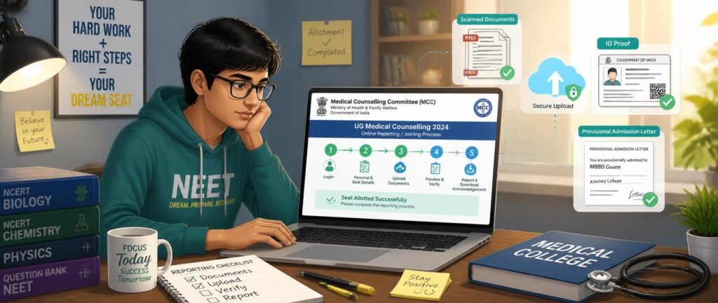 Student completing the NEET 2026 online reporting process by uploading documents on the MCC portal