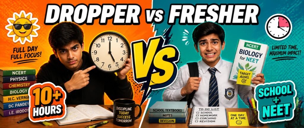 NEET dropper 12 month study plan timetable compared with a fresher's daily schedule