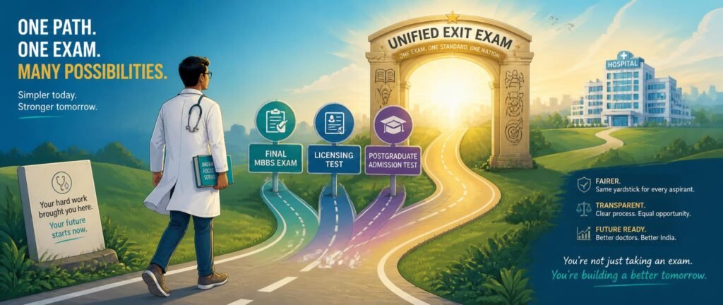 Illustration explaining the NExT exam for MBBS students and the NMC National Exit Test structure