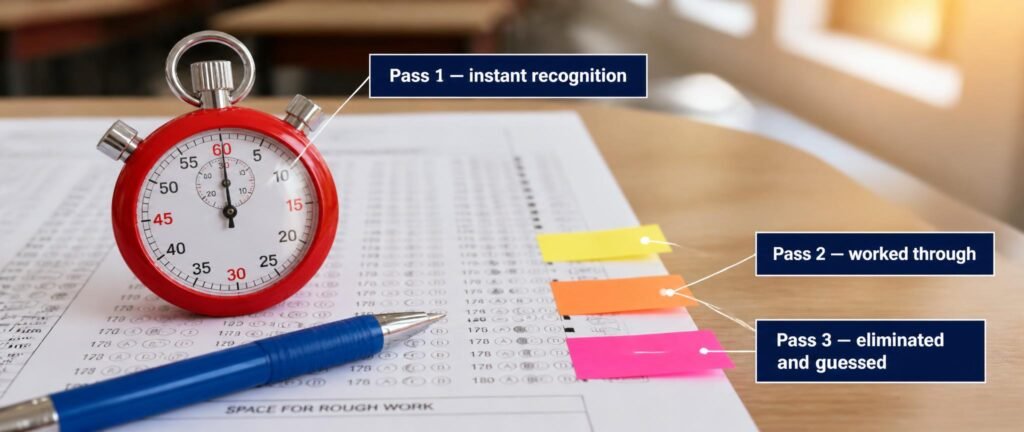 3 pass technique NEET exam hall strategy shown through a colorful timer and answer sheet photograph