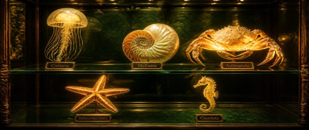 Animal kingdom NEET PYQ analysis with labelled specimens of jellyfish, king crab, starfish and sea horse