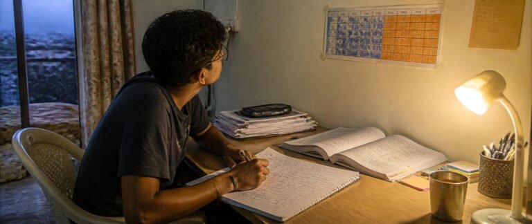 Class 12 student at a split study desk planning how to balance board exams and NEET 2027