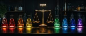 Equilibrium NEET PYQ analysis with glowing pH indicator flasks and a balanced brass scale