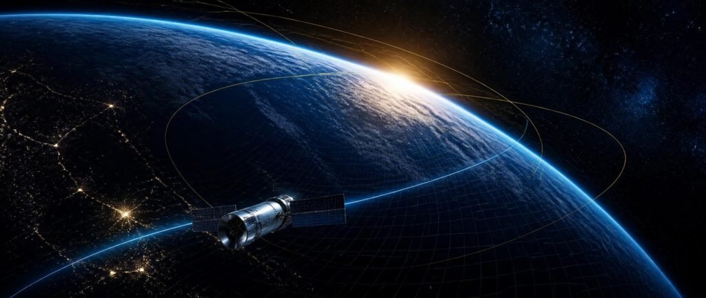 Gravitation NEET PYQ analysis with a satellite orbiting Earth along glowing orbital paths