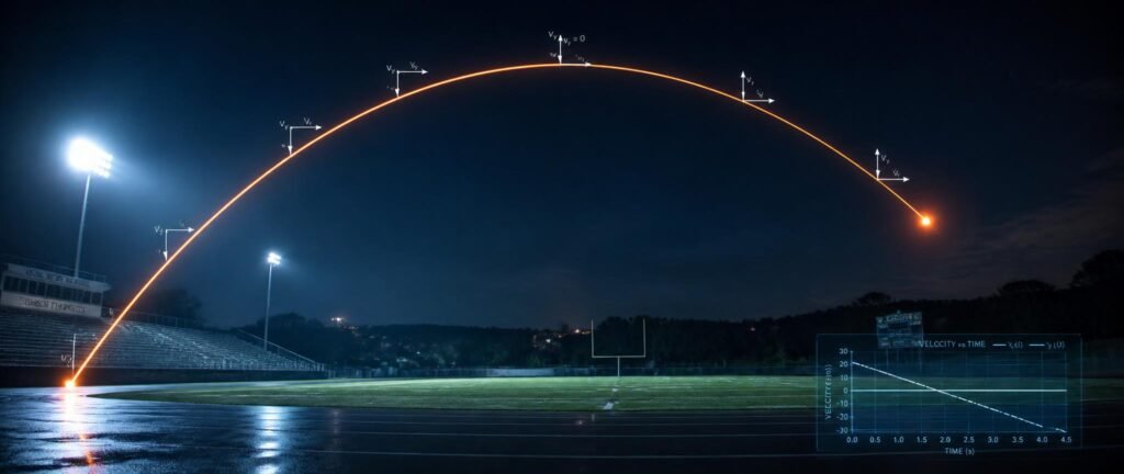 Kinematics NEET PYQ analysis showing a glowing projectile parabola with velocity vectors