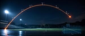 Kinematics NEET PYQ analysis showing a glowing projectile parabola with velocity vectors