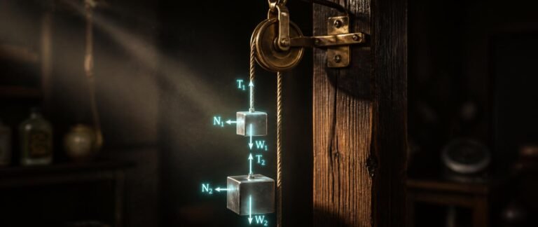 Laws of motion NEET PYQ analysis with a brass pulley, hanging weights and glowing force arrows