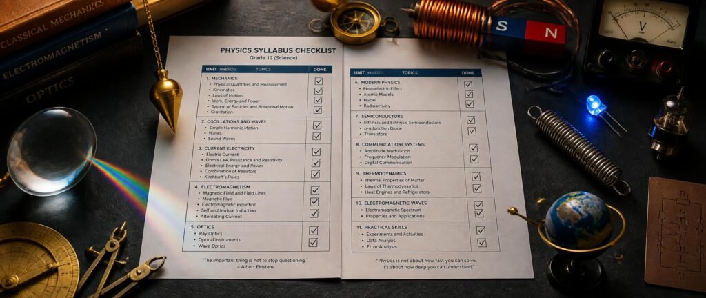 NEET 2027 physics syllabus checklist surrounded by a pendulum, lens, magnet coil, diode and planet model