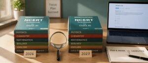 NEET 2027 syllabus changes shown as two matching textbook stacks labelled 2026 and 2027 with a magnifying glass