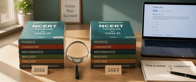 NEET 2027 syllabus changes shown as two matching textbook stacks labelled 2026 and 2027 with a magnifying glass