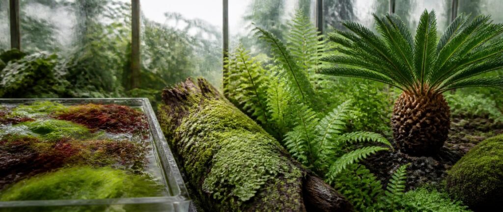 Plant kingdom NEET PYQ analysis showing algae, mosses, ferns and a Cycas plant in a greenhouse