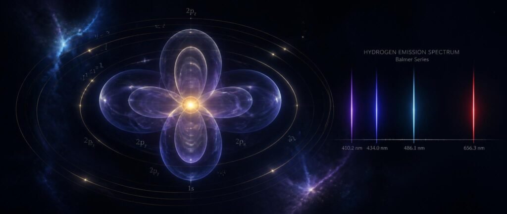 Structure of atom NEET PYQ analysis showing electron orbitals, Bohr orbits and a hydrogen emission spectrum